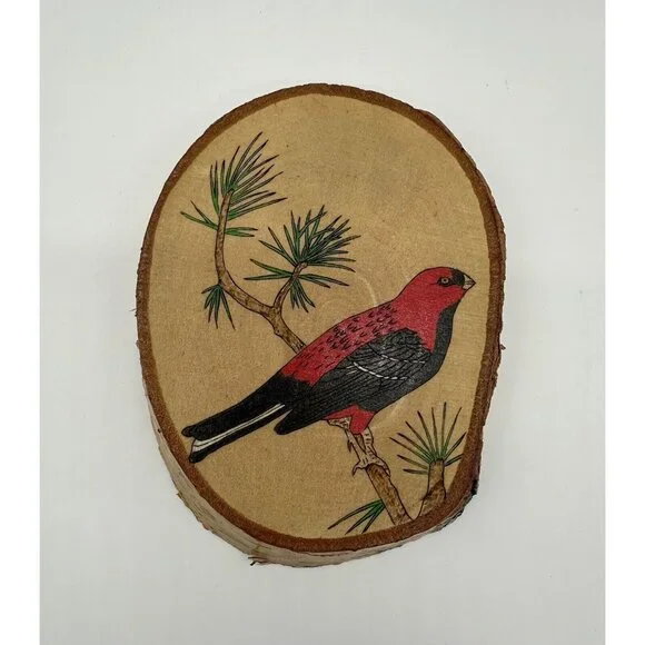 Red Bird Wall Hanging Picture Handmade Signed Live Edge Wood Oval Pine Grosbeak - Picture 2 of 9